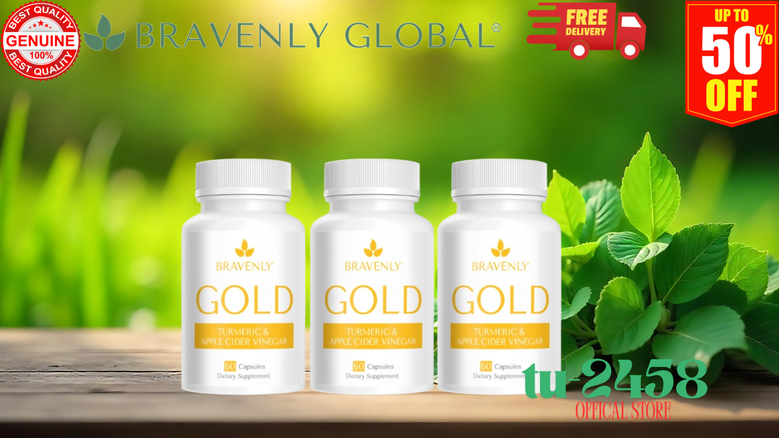 3 BOTTLES BRAVENLY GOLD Turmeric Apple Cider Vinegar Beverage 60(x3) Caps – NEW!