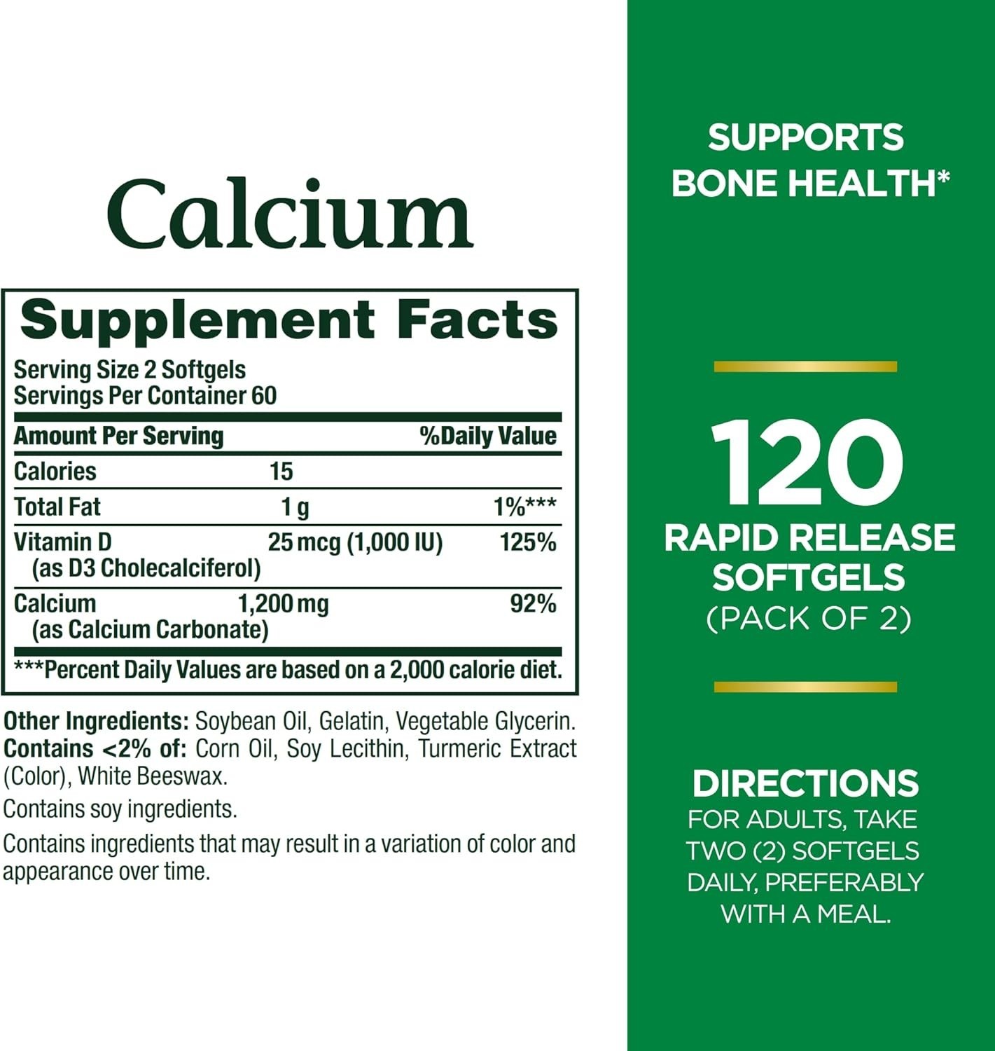 Nature’s Bounty Calcium 1200 mg + Vitamin D3 – Bone Health Softgels, 2 x 120 Ct