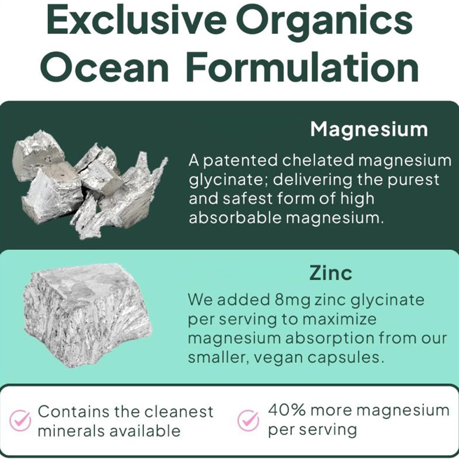 Organics Ocean Pure Magnesium Glycinate With Zinc – Strength Chelated- 90 CT