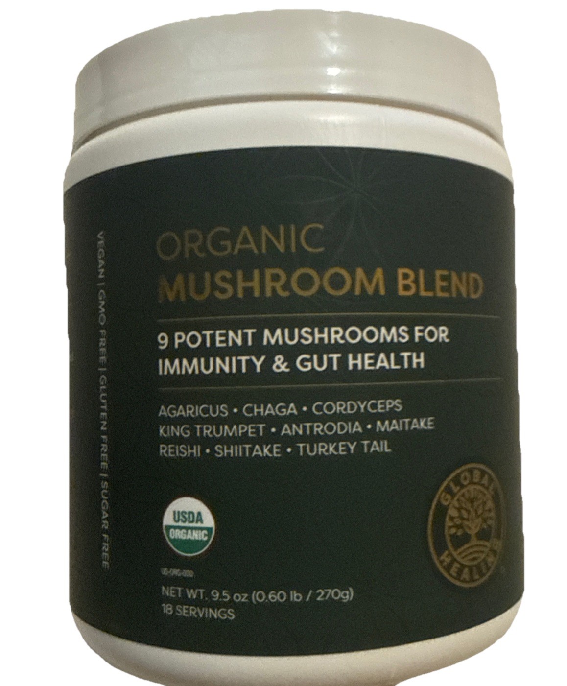 Global Healing Organic Mushrooms Powder Supplement – 9.5 Oz – 18 Servings