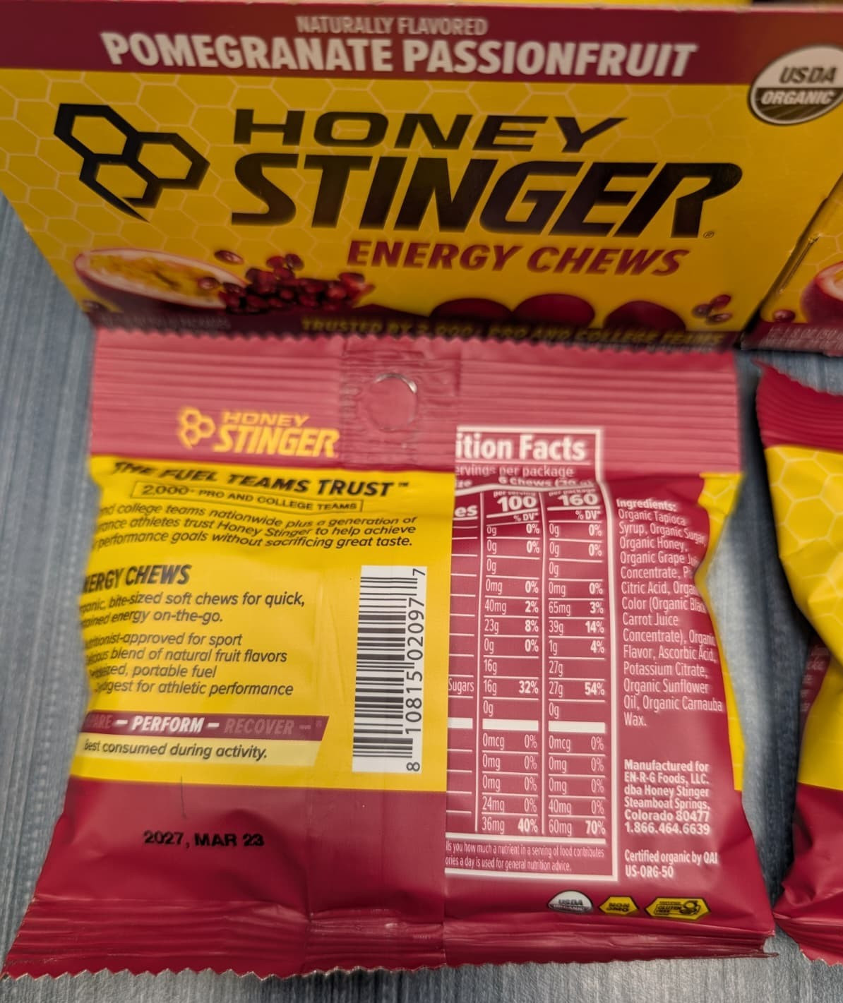 Honey Stinger Organic Energy Chew, Pomegranate, Passion Fruit 24 ct Exp. 03/2027
