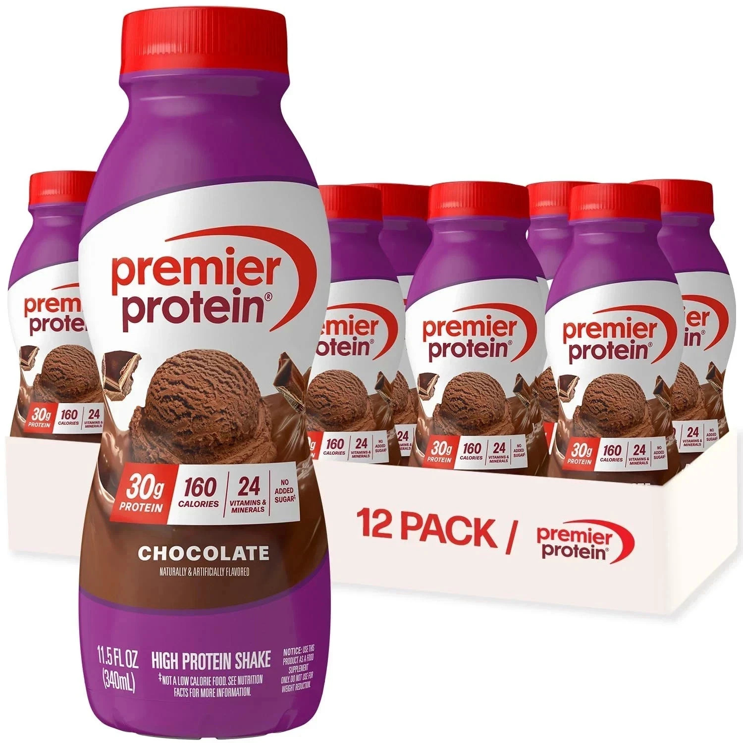 Premier Protein Shake, Chocolate, 30g Protein, No Added Sugar, 11.5 fl oz 12 Pck