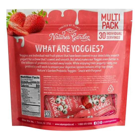 Nature’s Garden Strawberry Yoggies with Probiotics, 0.7 oz Bags pk of 2