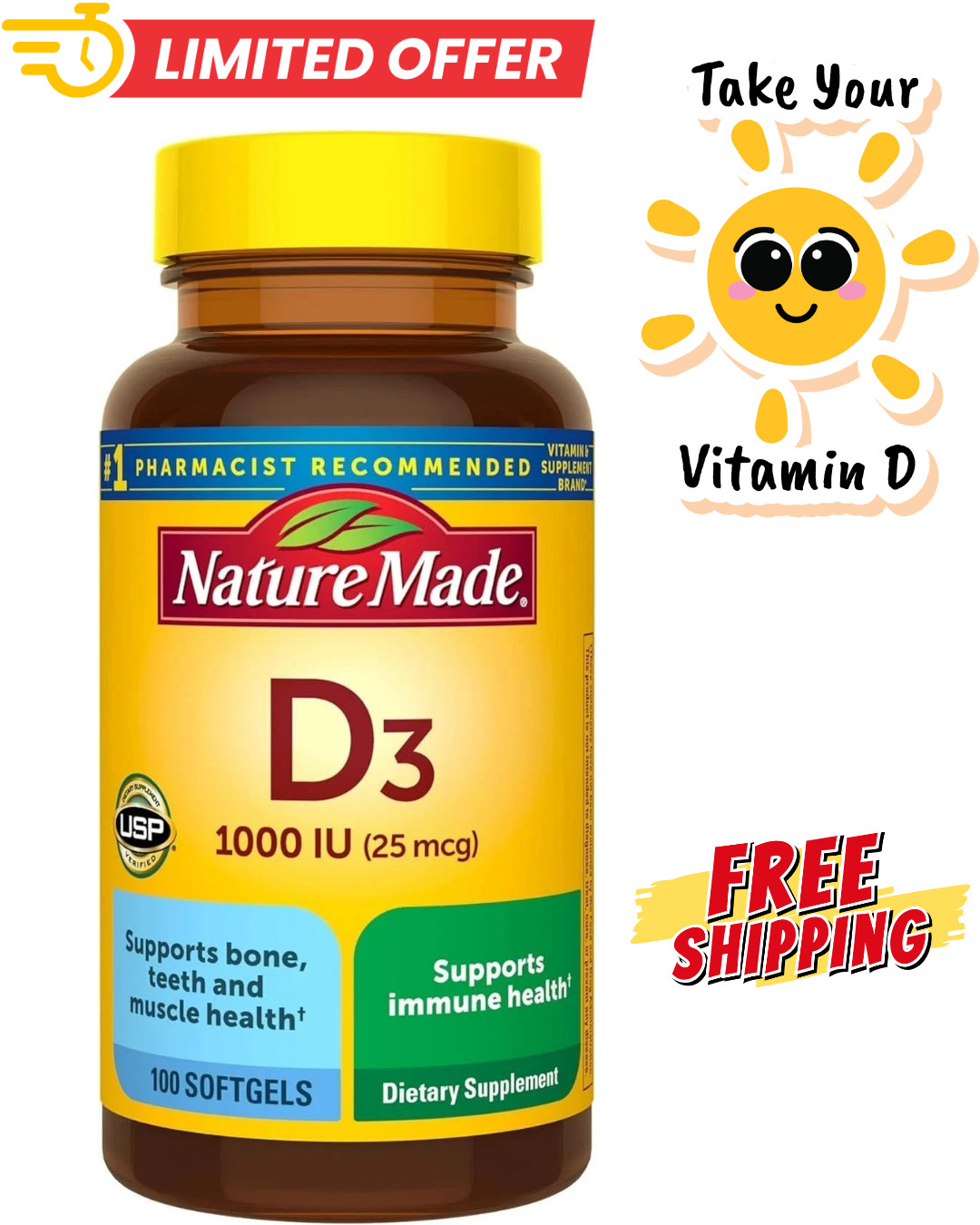 Nature Made Vitamin D3 1000 IU (25 mcg), Vitamin D Supplement for Health Support