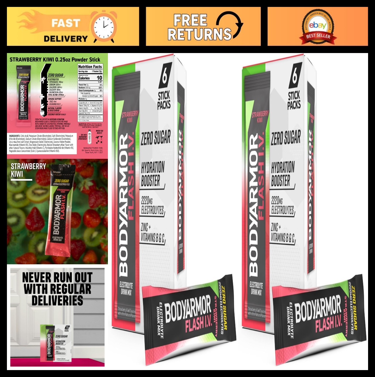 Electrolyte Drink Mix Packets – Zero Sugar Strawberry Kiwi Coconut Water (12 Cou