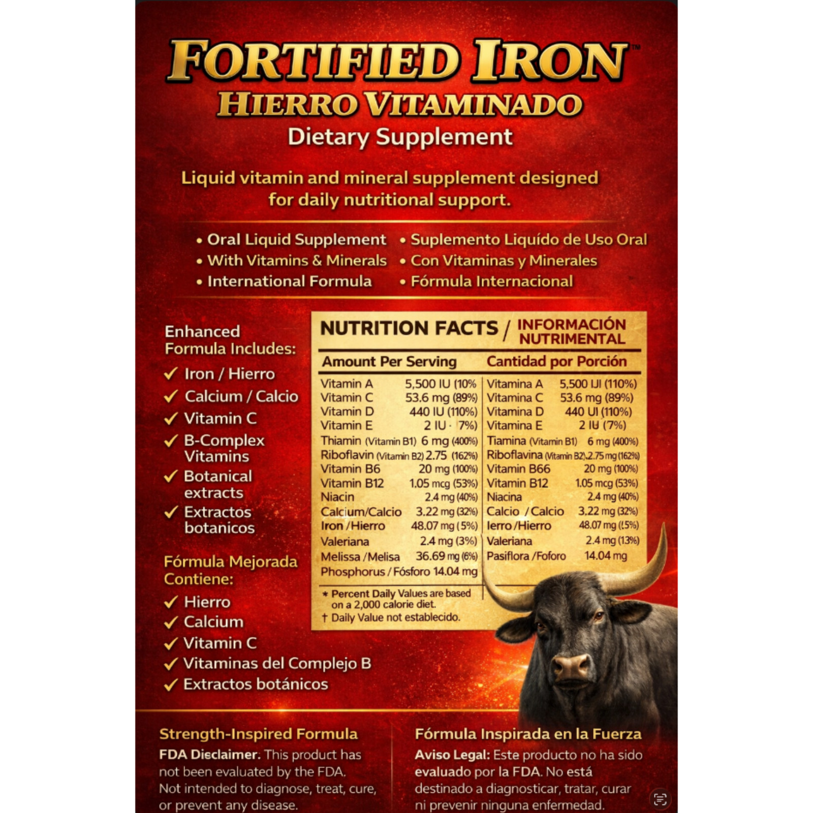 Hierro Vitaminado, Iron Liquid Dietary Supplement 10 x 15ml Ampolletas