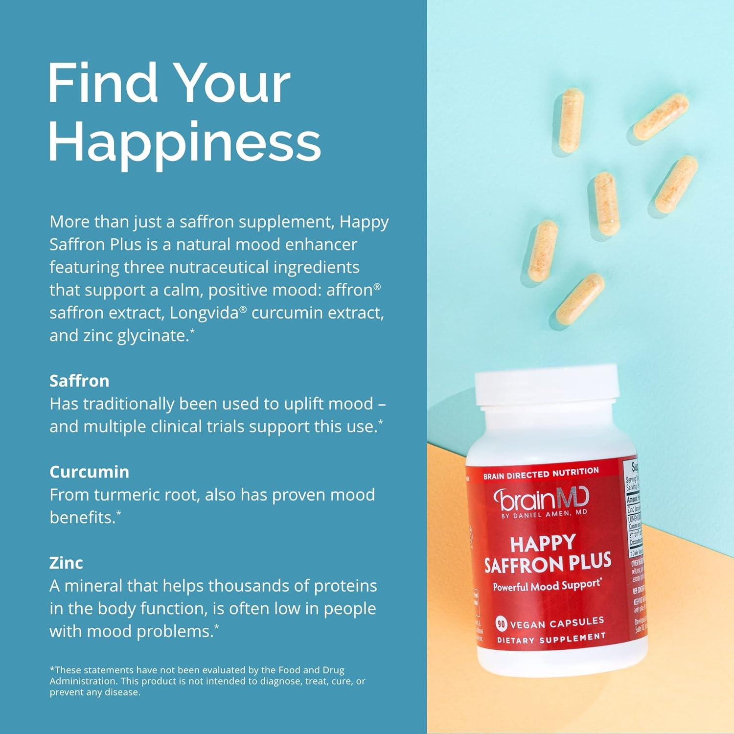 Dr Amen Happy Saffron plus – 90 Capsules – with Saffron Flower Extract, Curcumi