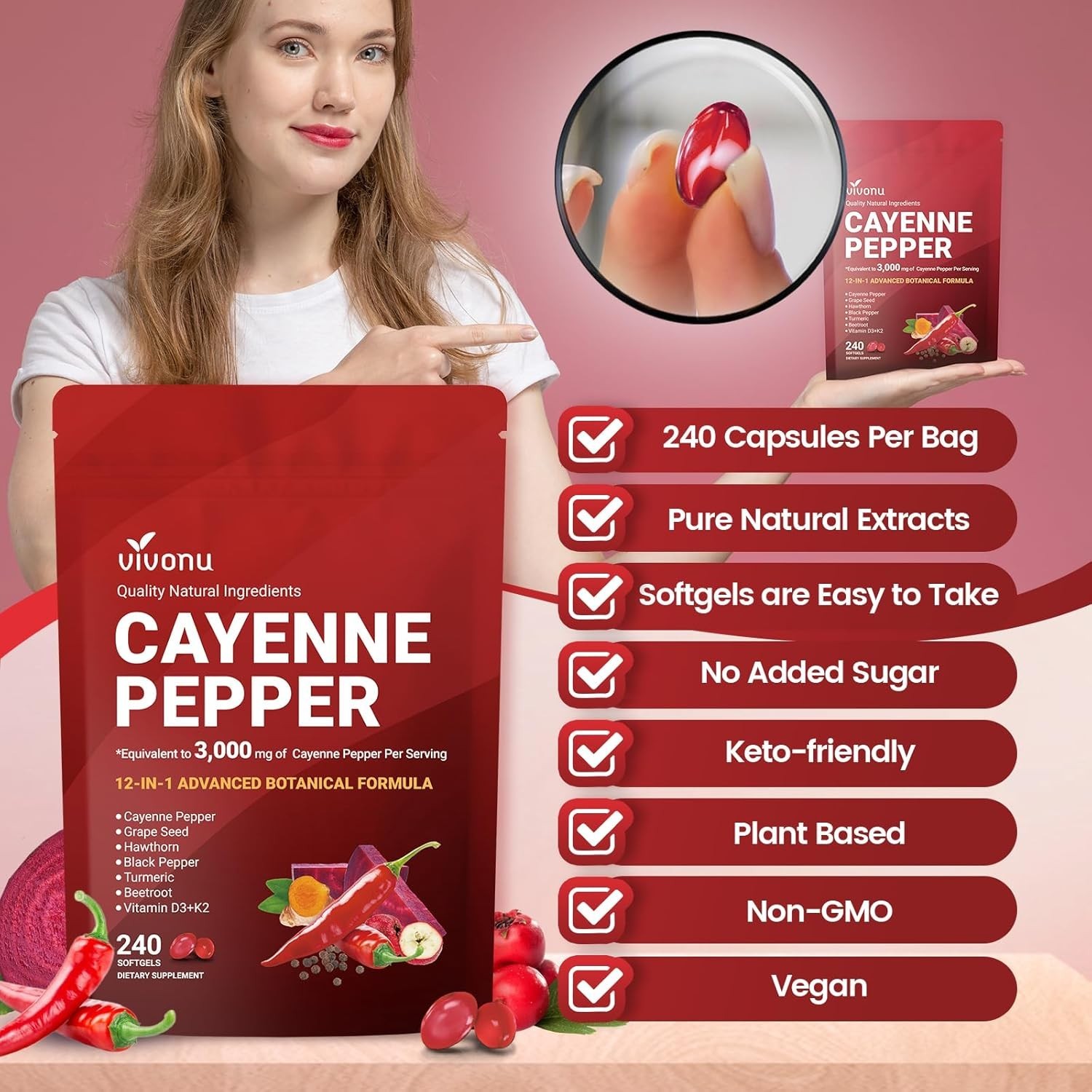 VivoNu Cayenne Pepper Softgels – 240 Capsules for Circulation & Heart Health