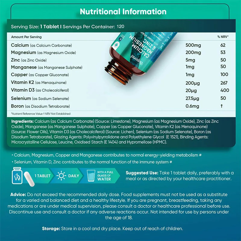 Calcium, Magnesium,Zinc and Vitamin D 120pcs,Strengthen Bones,Teeth,Heart,Nerves