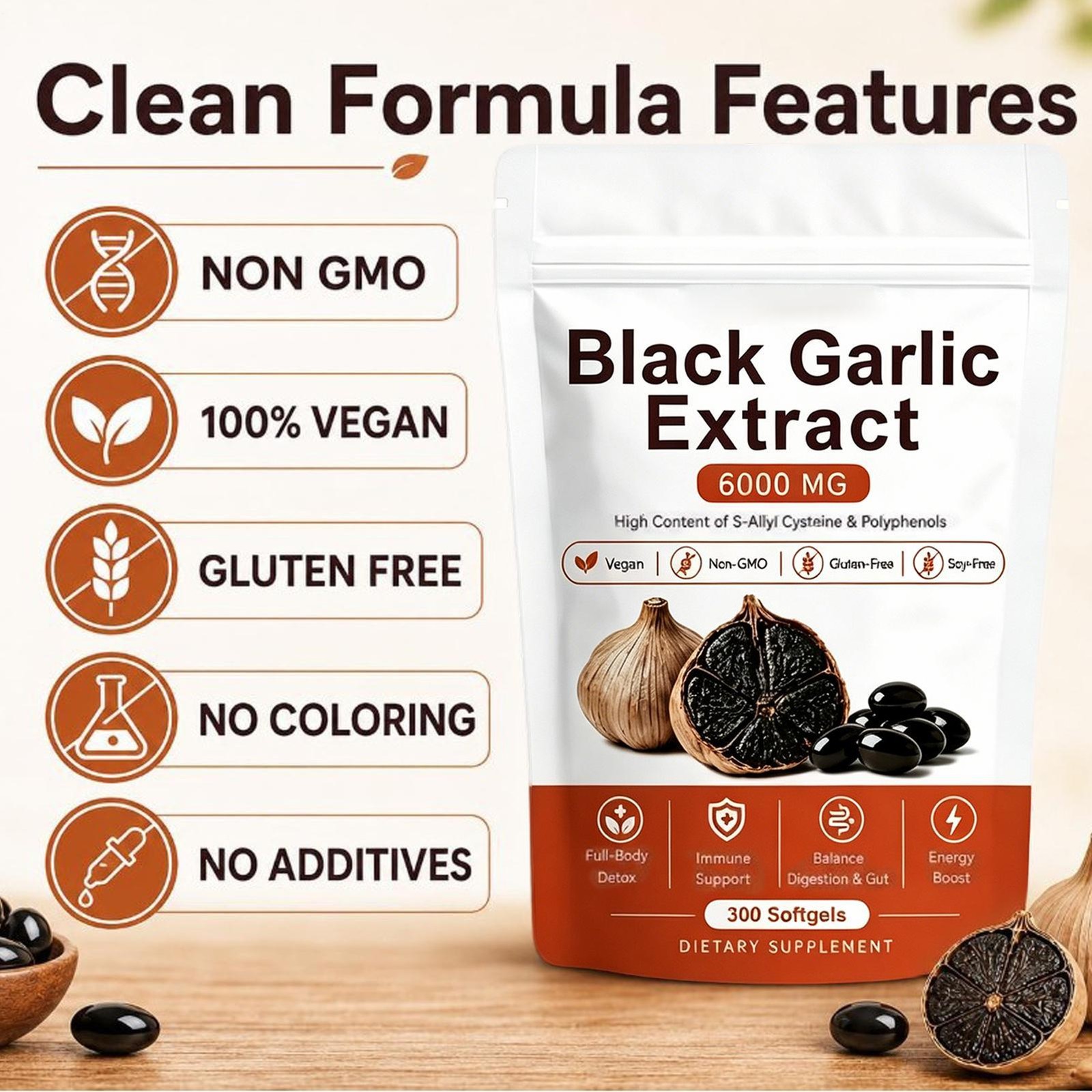 Black Garlic Extract Capsules – Natural Aged Odorless Organic Supplement