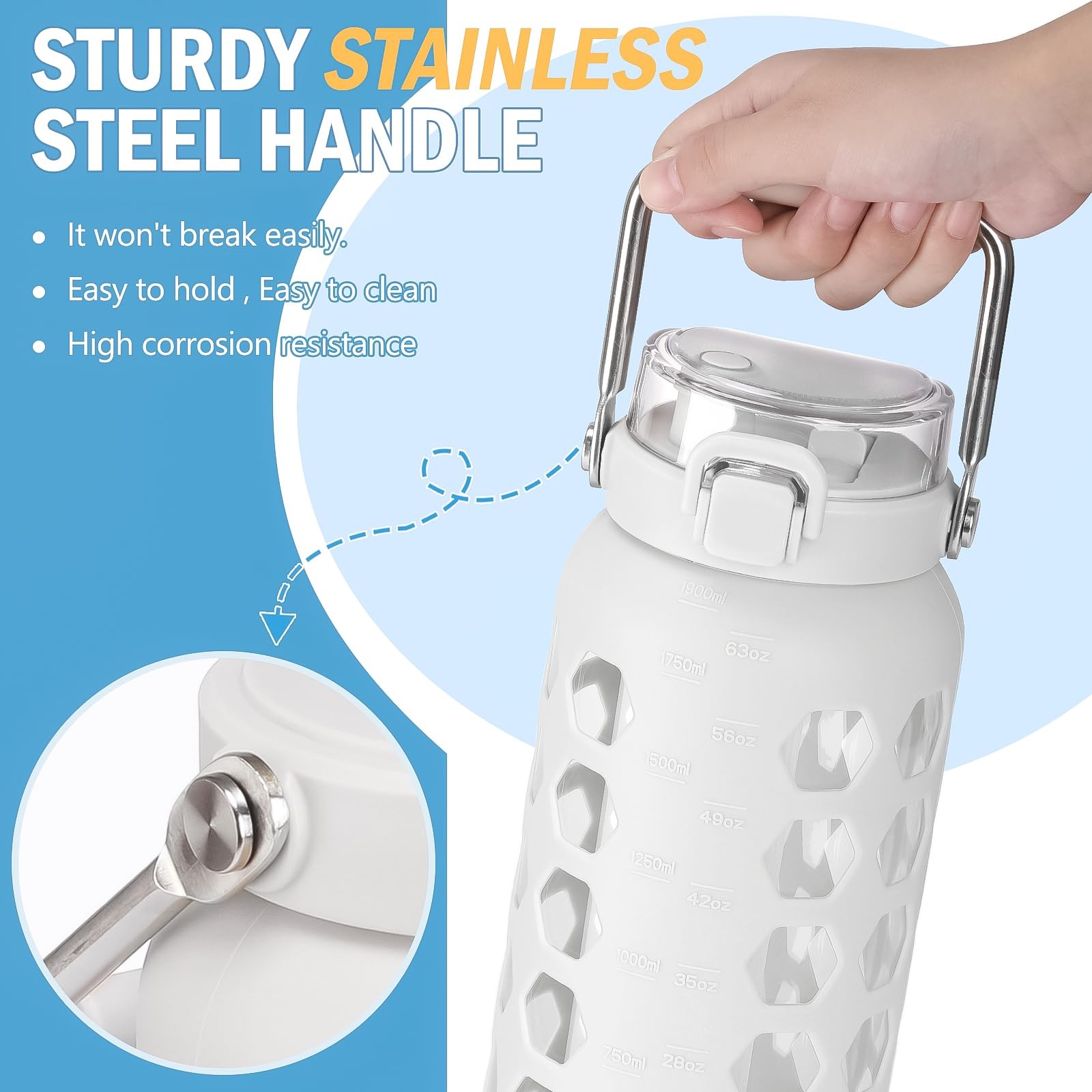 MUKOKO 64oz Glass Water Bottles with Straw and Lid,Half 64 Ounces, White