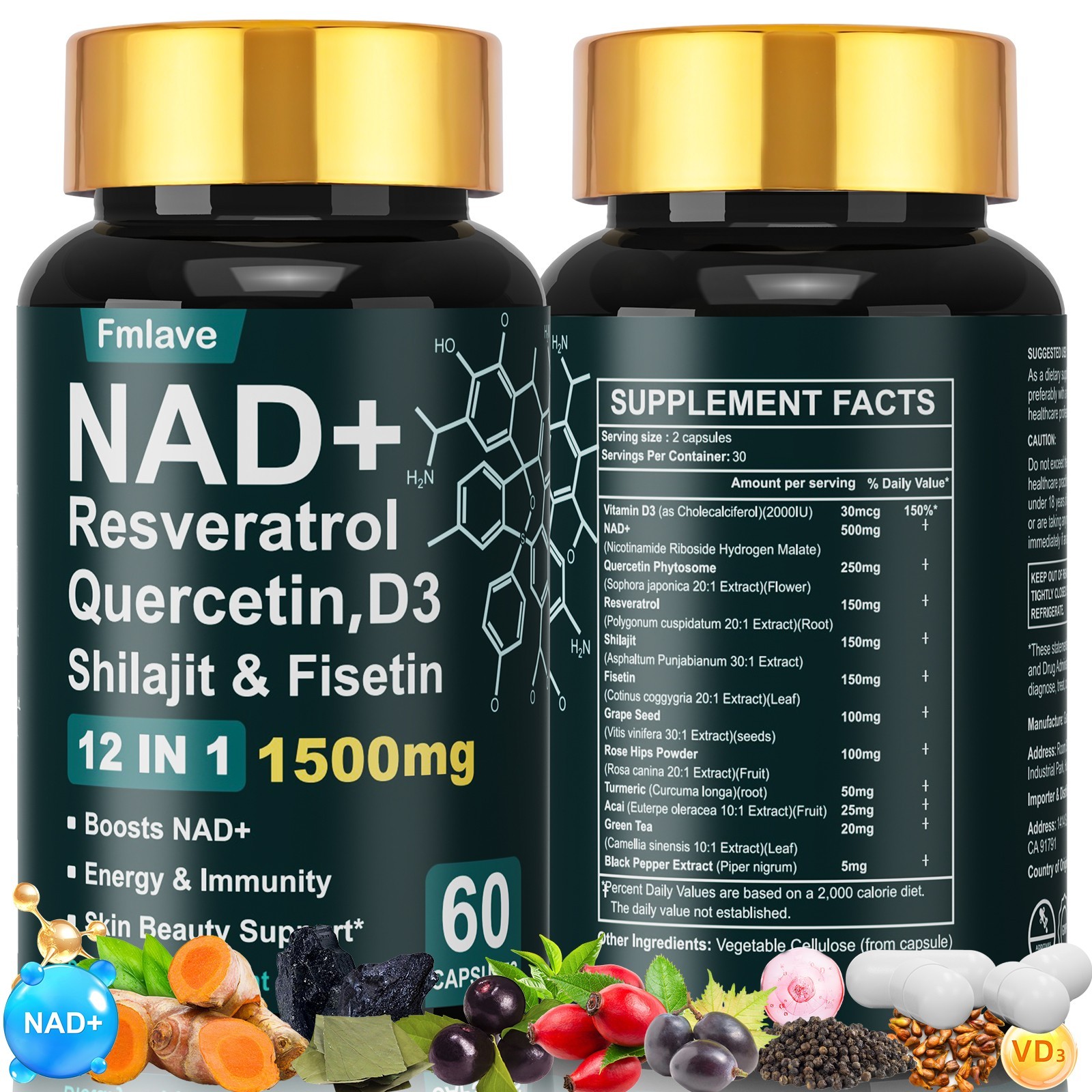 NAD + Resveratrol Quercetin D3, Shilajit & Fisetin, Enhance Cellular Energy 60ct
