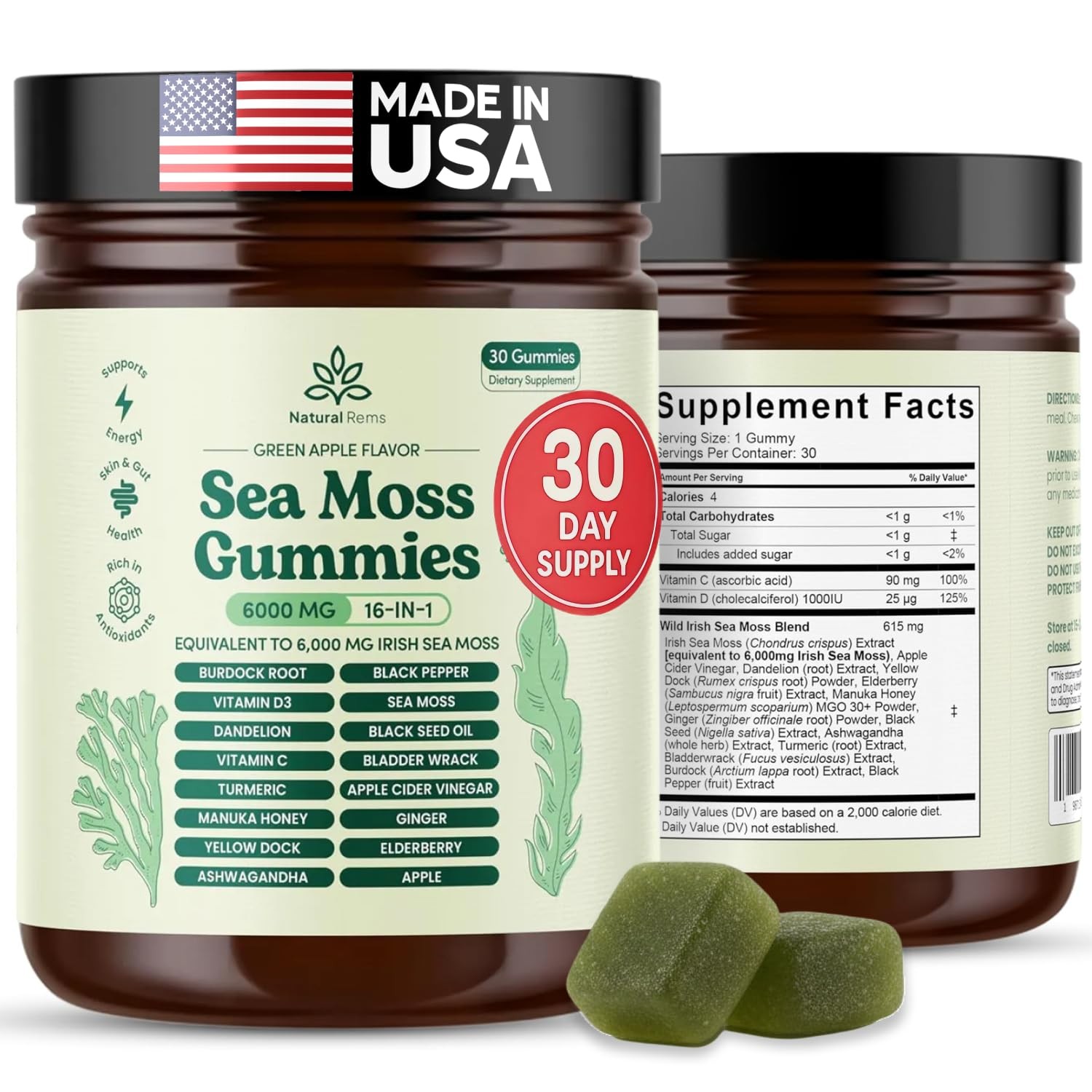 Natural Rems Sea Moss Gummies 16-in-1 – Ashwagandha Black Seed Oil Bladder Wrack