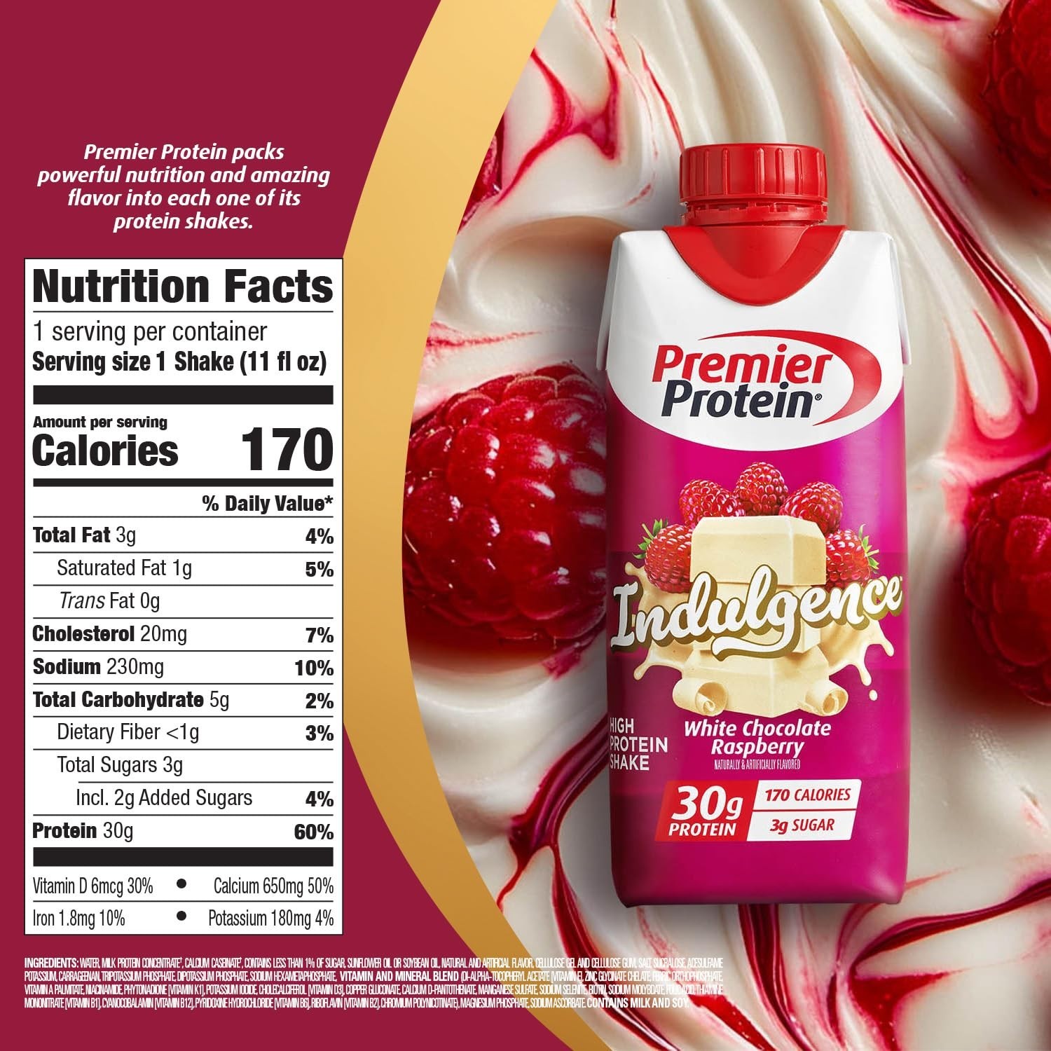 12 Ct Premier Protein Indulgence Shake White Chocolate Raspberry, 30g Protein
