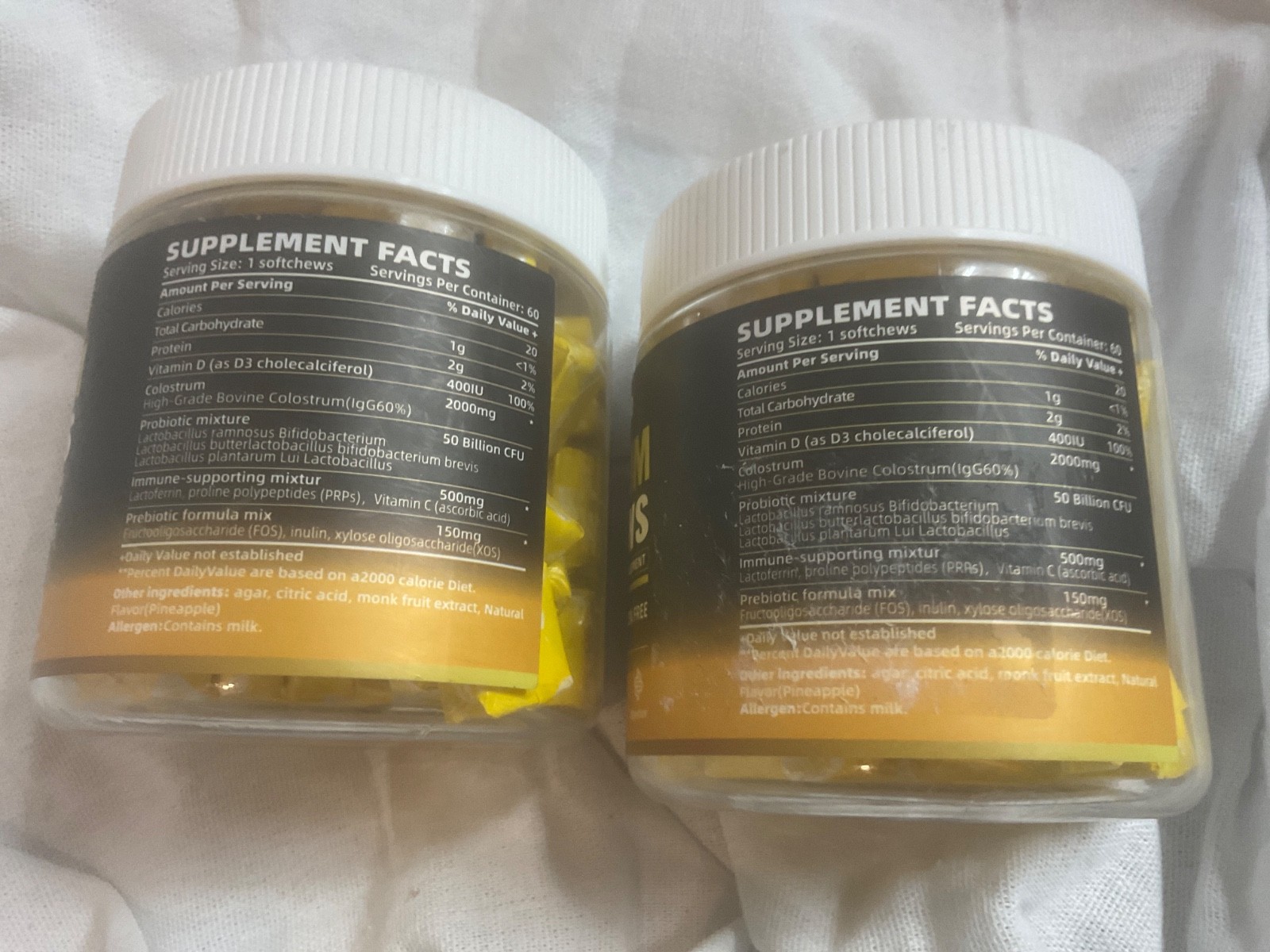 2 Pack Happyummmm Colostrum Softchews- 60 Ct Each Pineapple- Exp 3/27